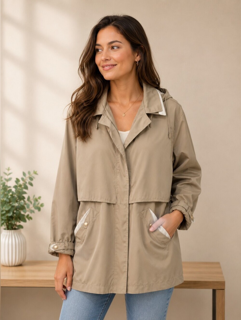 Carlo Briani Women's Beige Hooded Lightweight Rain Jacket Coat Size Medium Mediu
